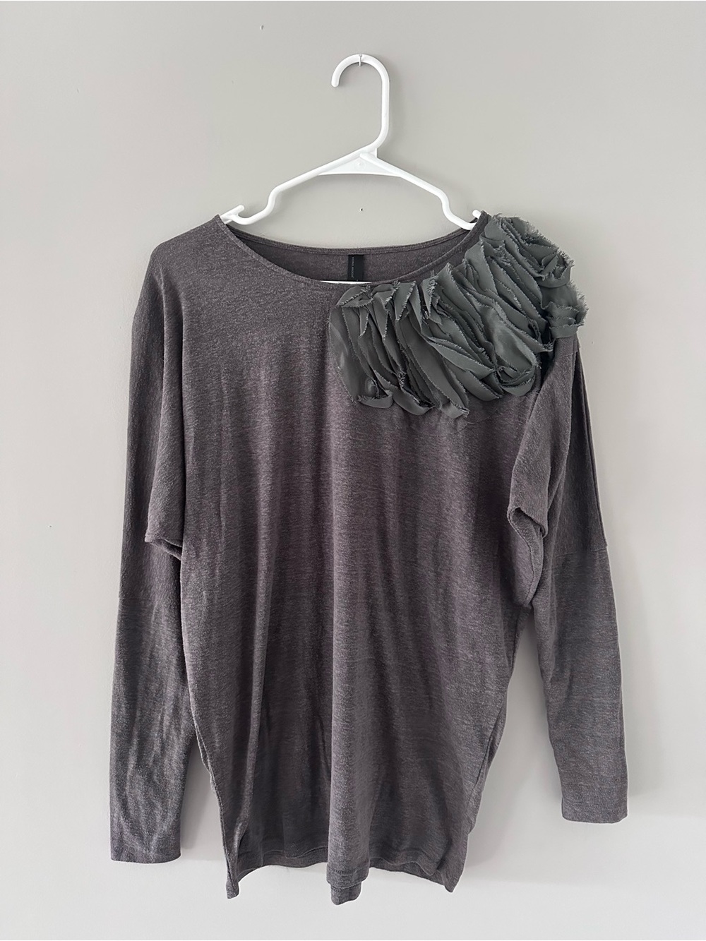 New Gray Long-Sleeve Top with Ruffled Shoulder Detail